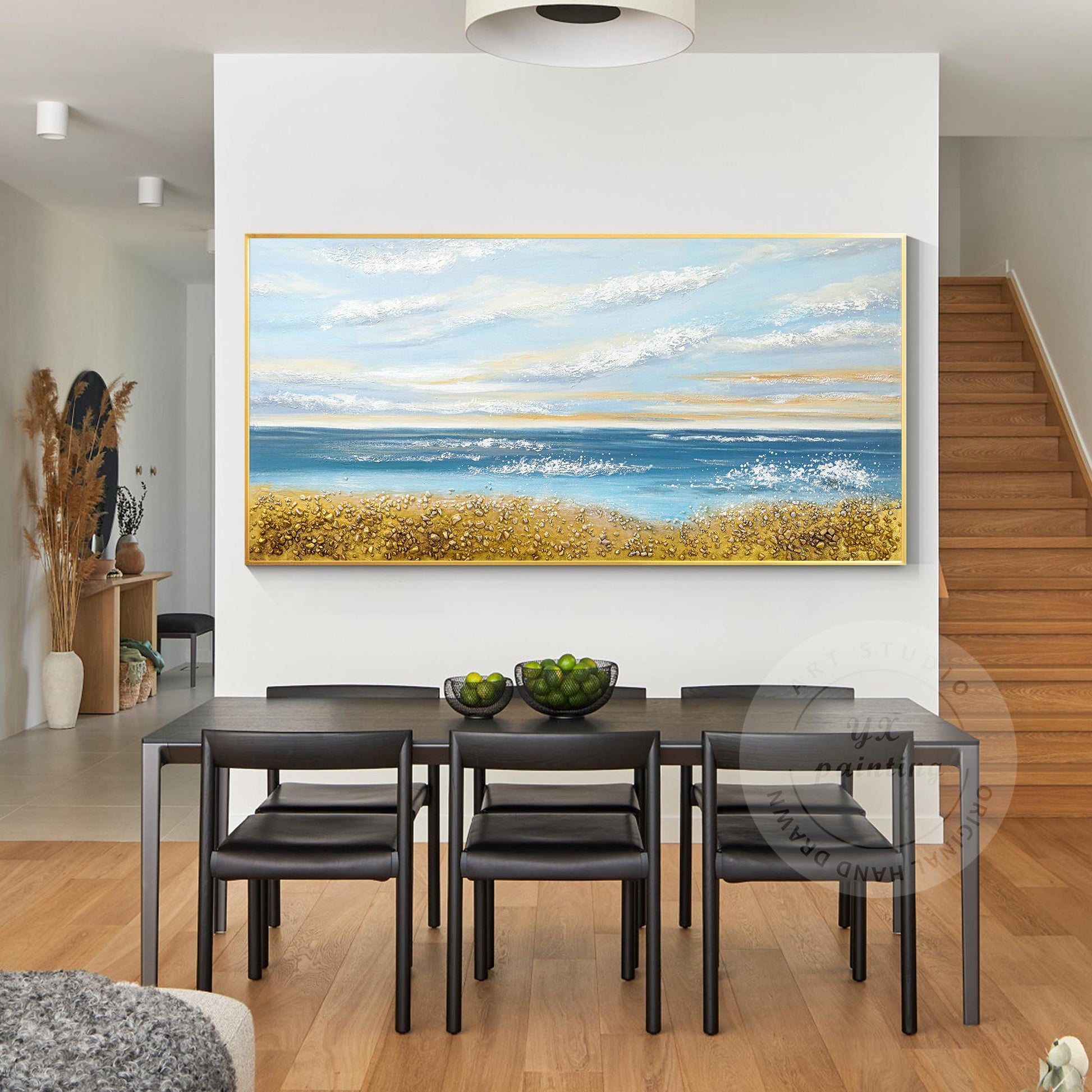 Blue Ocean Sky goud zand zeegezicht origineel schilderij op canvas, extra grote  #4