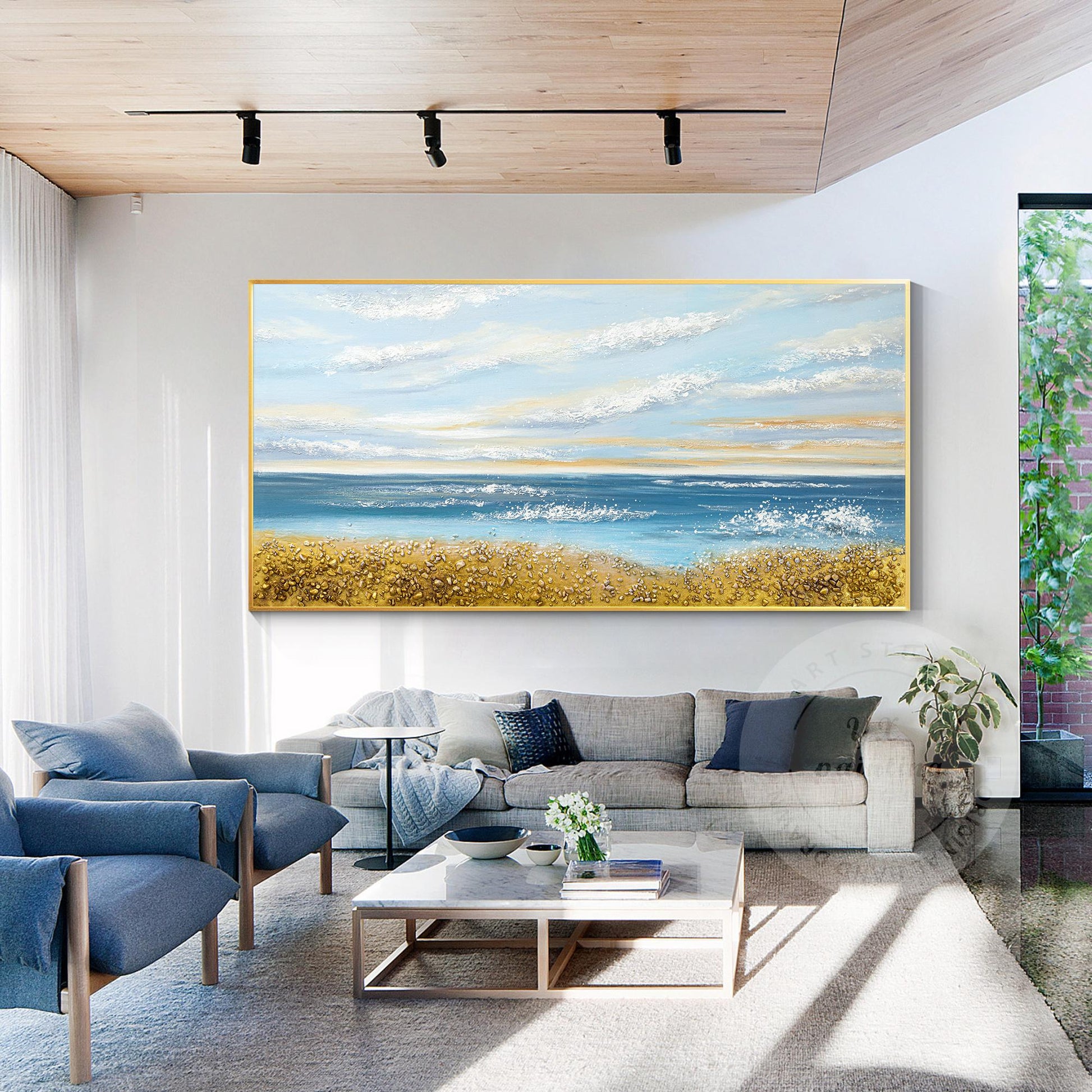 Blue Ocean Sky goud zand zeegezicht origineel schilderij op canvas, extra grote  #5