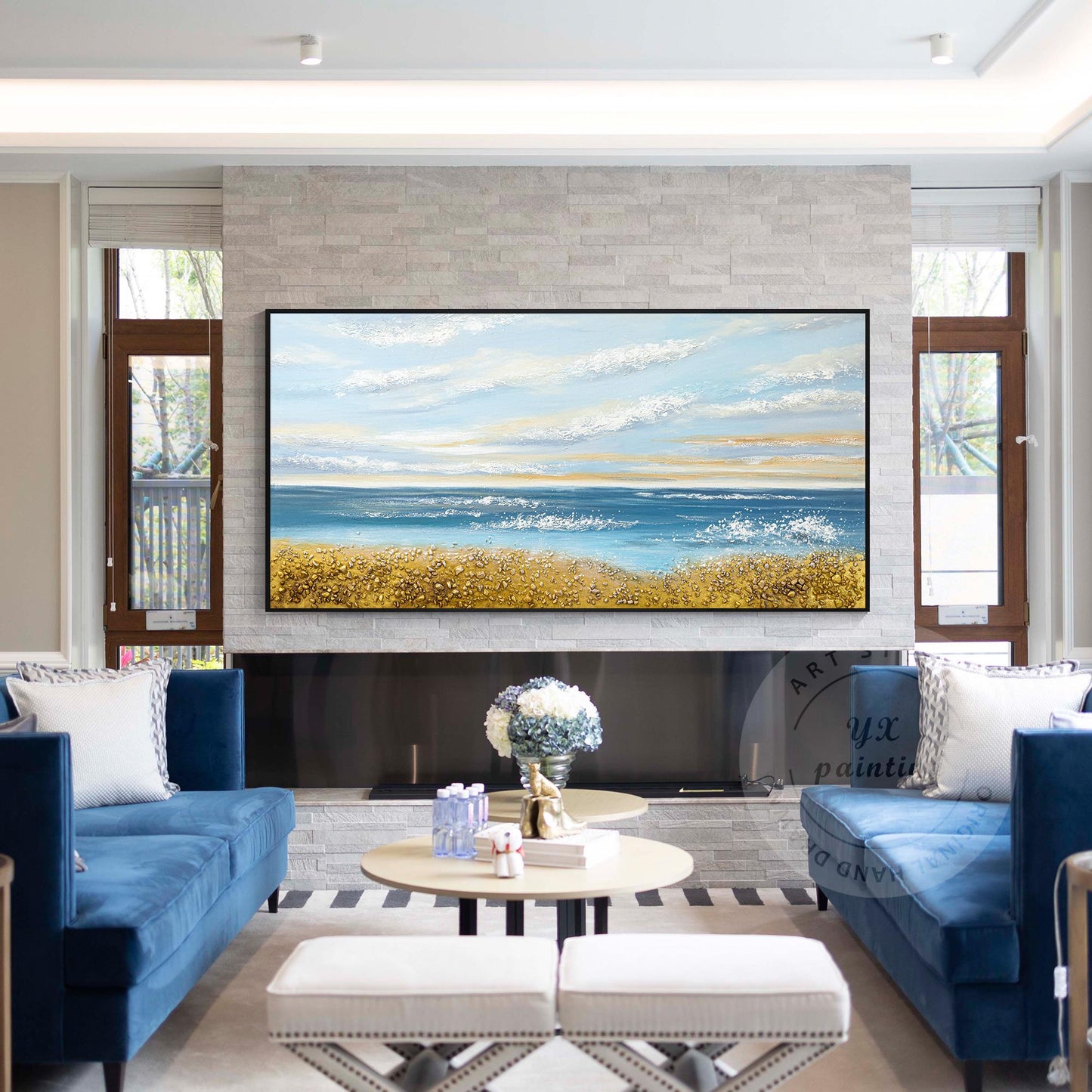 Blue Ocean Sky goud zand zeegezicht origineel schilderij op canvas, extra grote  #6