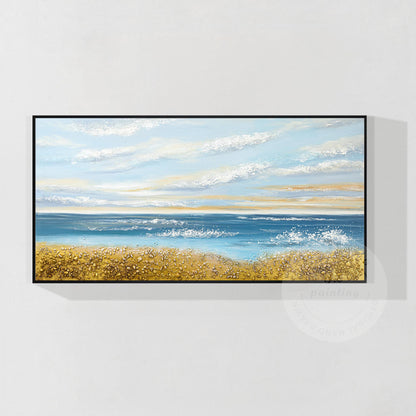 Blue Ocean Sky goud zand zeegezicht origineel schilderij op canvas, extra grote  #8