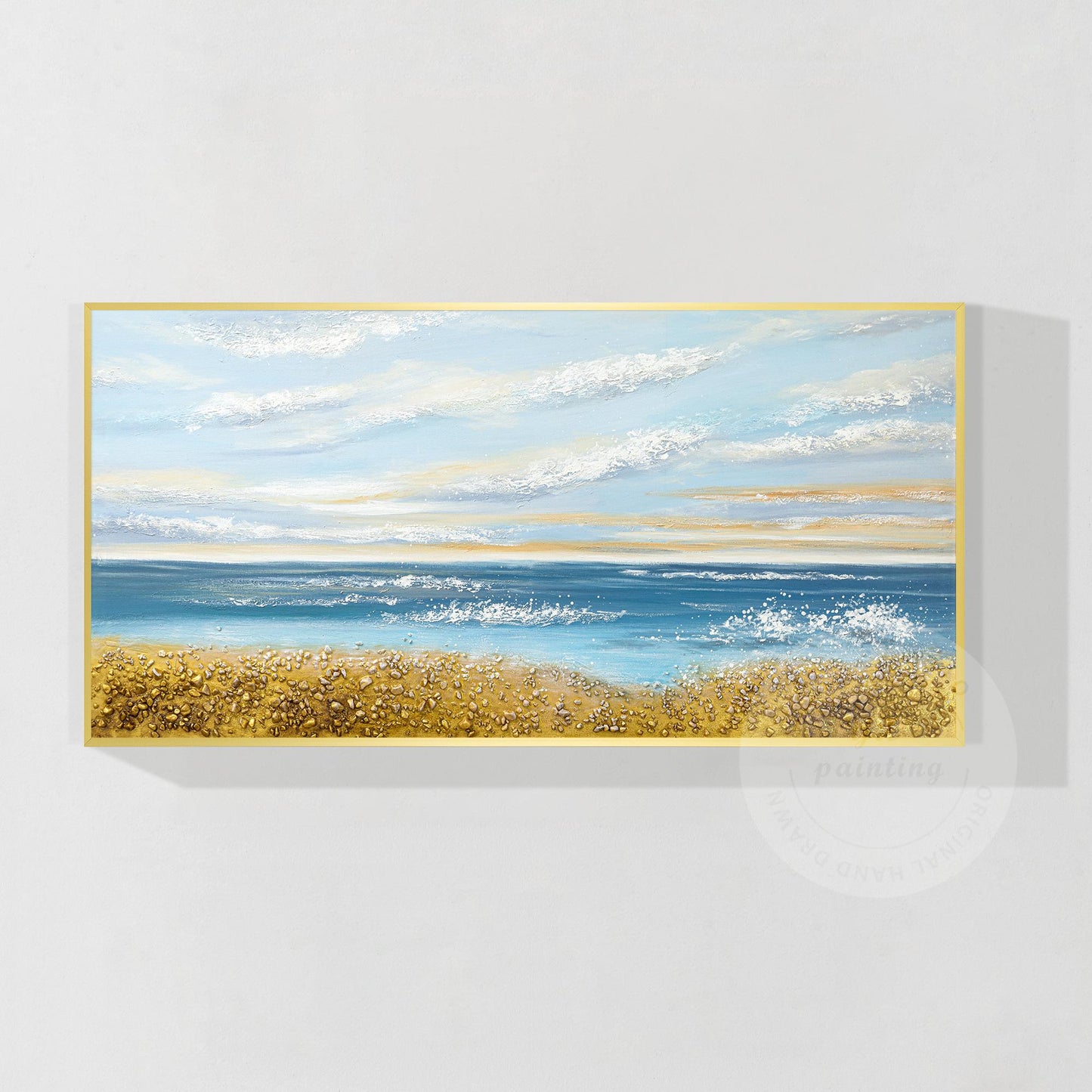 Blue Ocean Sky goud zand zeegezicht origineel schilderij op canvas, extra grote  #9