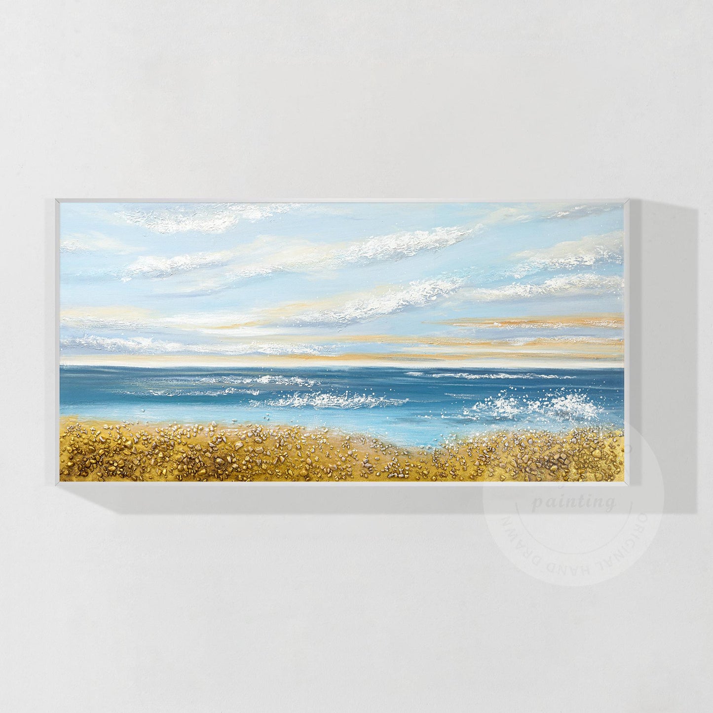 Blue Ocean Sky goud zand zeegezicht origineel schilderij op canvas, extra grote  #10