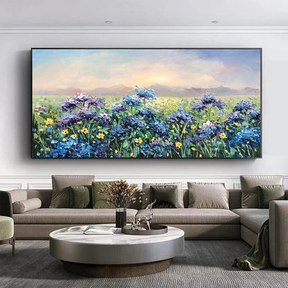 BLUE RIDGE DAWN: Landscape Oil Painting with Hydrangeas | textured closeup, raised brushwork detail