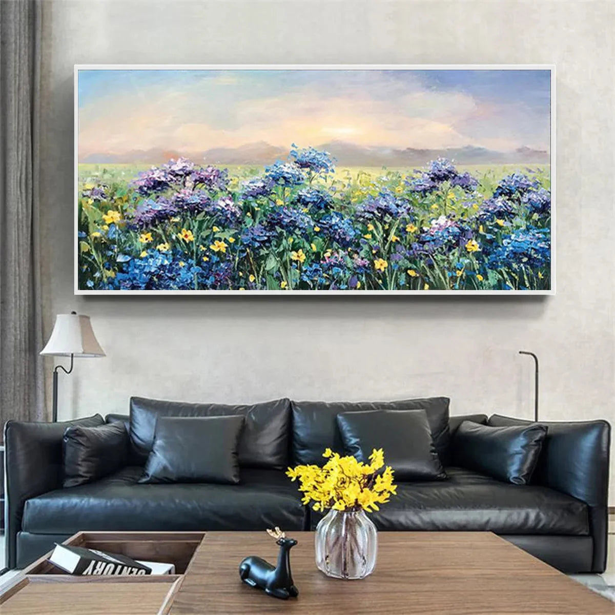 BLUE RIDGE DAWN: Landscape Oil Painting with Hydrangeas | gold frame stretched on neutral wall