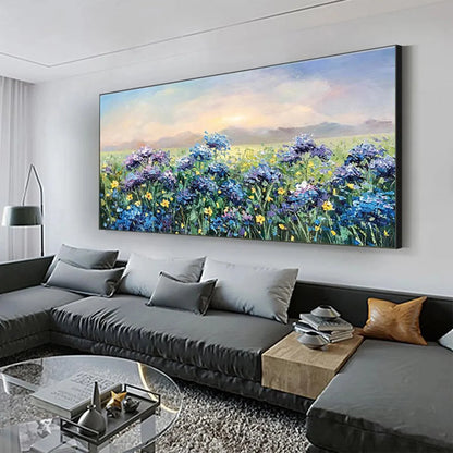 BLUE RIDGE DAWN: Landscape Oil Painting with Hydrangeas | rolled canvas, ready for custom framing