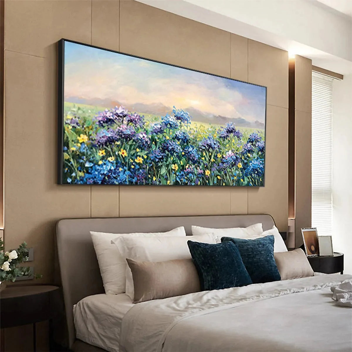 BLUE RIDGE DAWN: Landscape Oil Painting with Hydrangeas | black frame version on white wall
