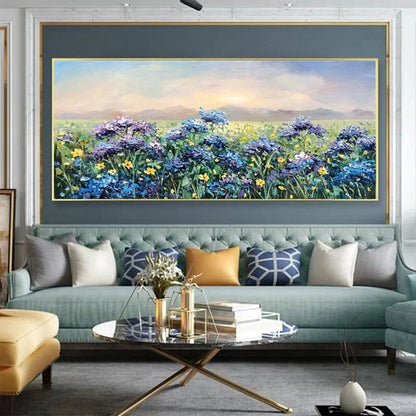 BLUE RIDGE DAWN: Landscape Oil Painting with Hydrangeas | textured mood, soft natural light studio shot