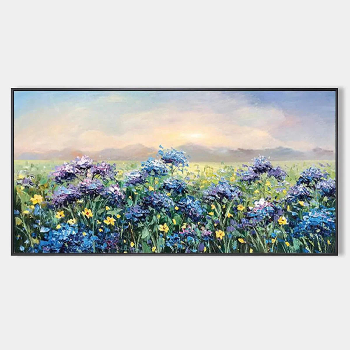 BLUE RIDGE DAWN: Landscape Oil Painting with Hydrangeas | hanging in living room, textured wall art
