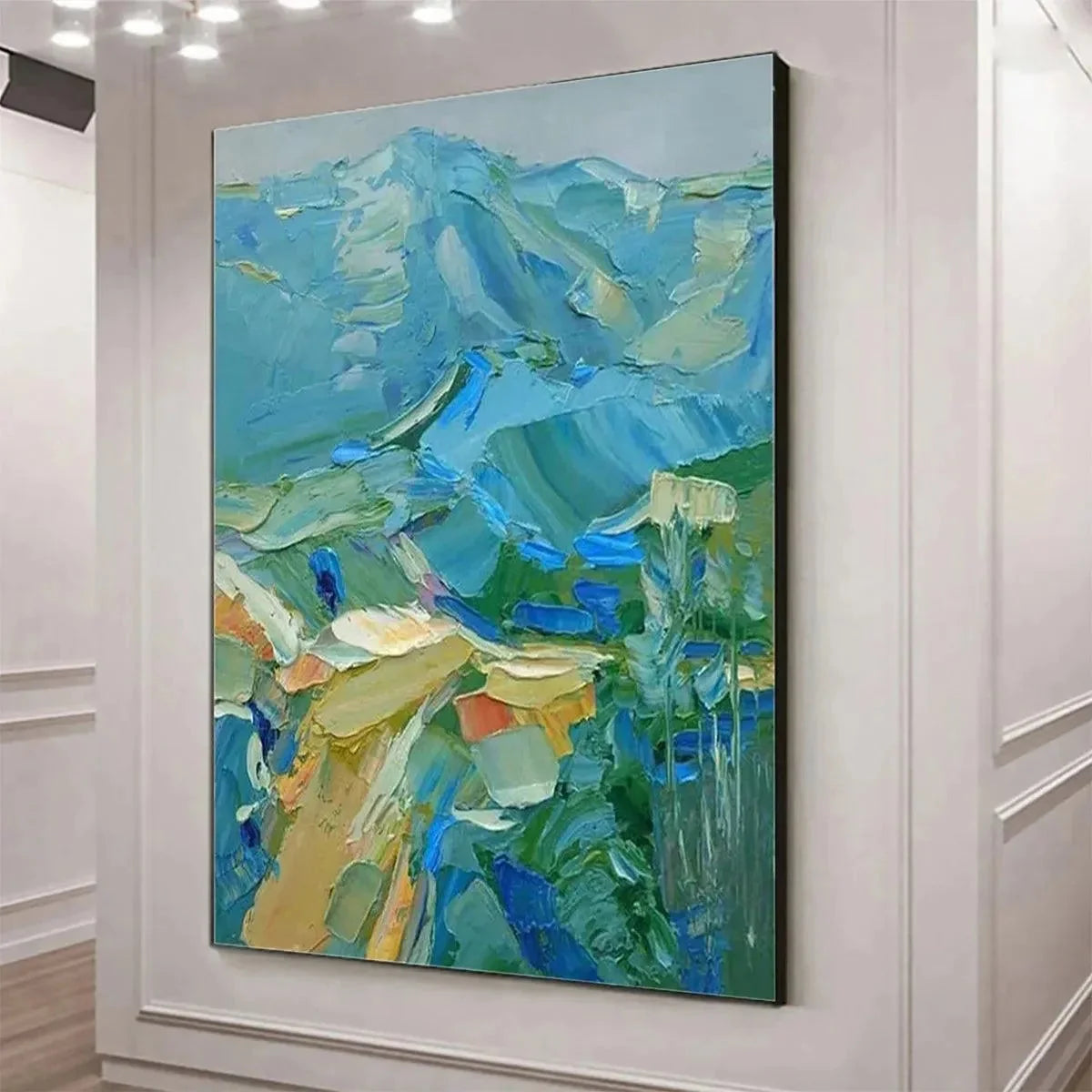 BLUE RIDGE MOUNTAINS: Textured Impasto Mountain Landscape | gold frame stretched on neutral wall