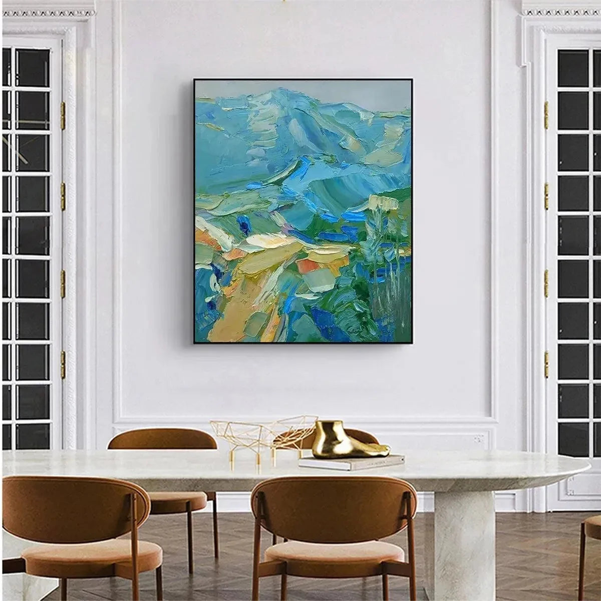 BLUE RIDGE MOUNTAINS: Textured Impasto Mountain Landscape | black frame version on white wall