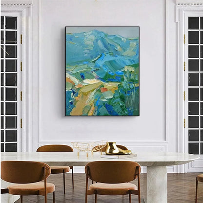 BLUE RIDGE MOUNTAINS: Textured Impasto Mountain Landscape | black frame version on white wall