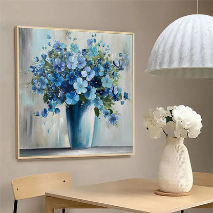 BLUE SERENITY: Blue Floral Painting, Square Canvas | gold frame stretched on neutral wall