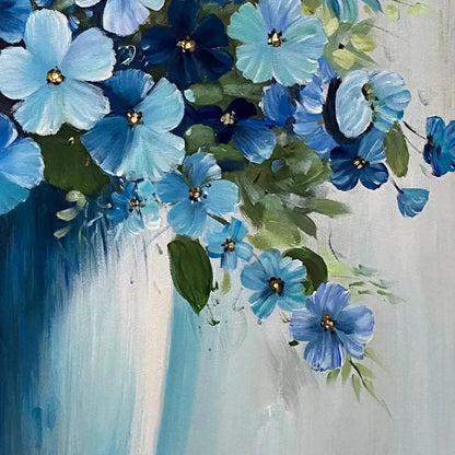 BLUE SERENITY: Blue Floral Painting, Square Canvas | rolled canvas, ready for custom framing