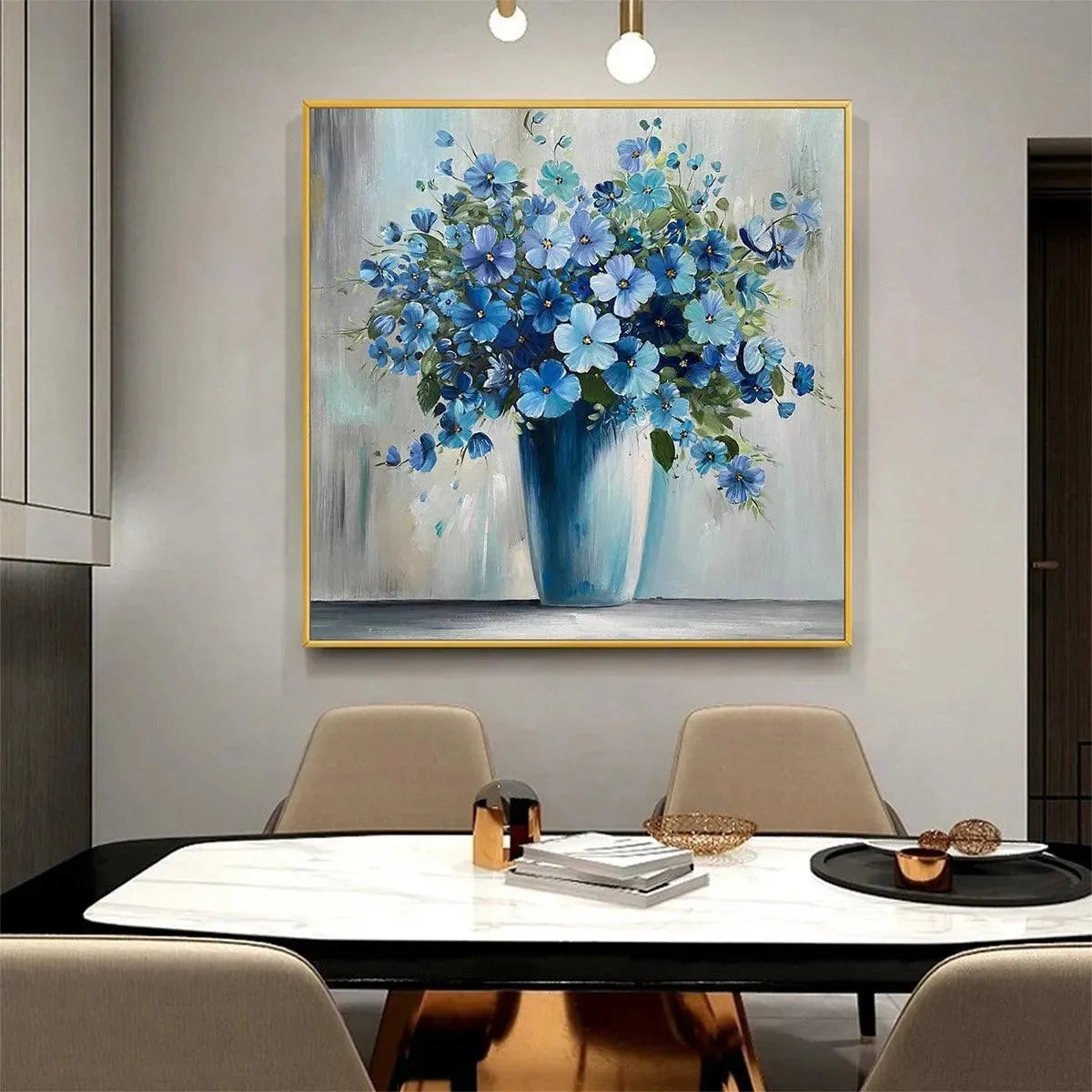 BLUE SERENITY: Blue Floral Painting, Square Canvas | black frame version on white wall