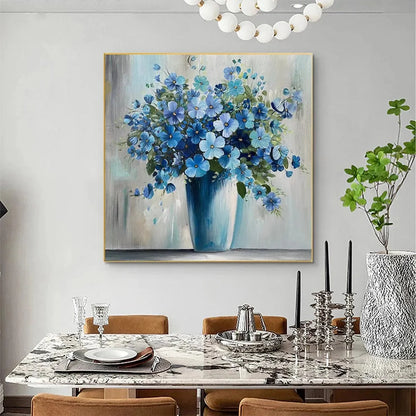 BLUE SERENITY: Blue Floral Painting, Square Canvas | textured mood, soft natural light studio shot