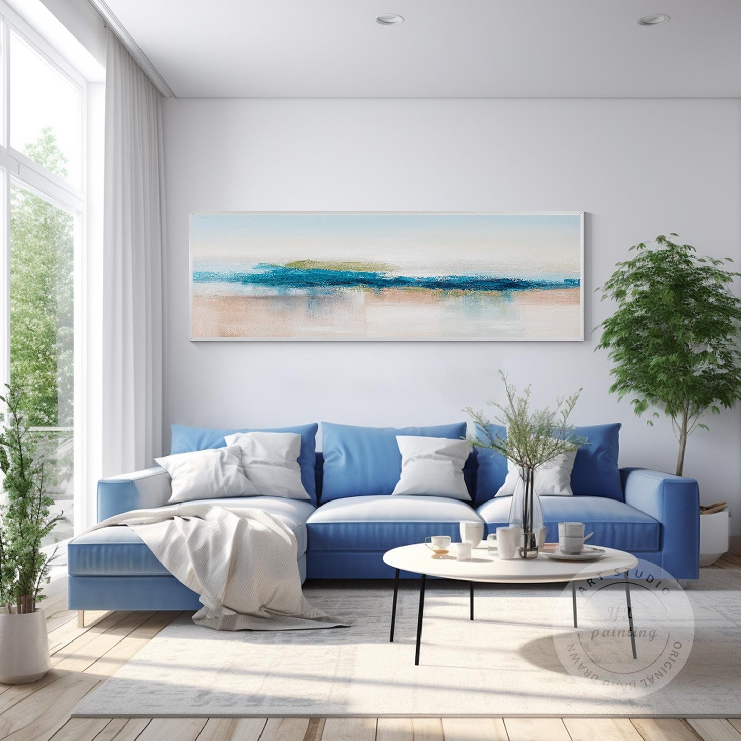 Blue Teal Ocean Abstract Painting Long Narrow Horizontal Seascape Art Coastal Pa #3