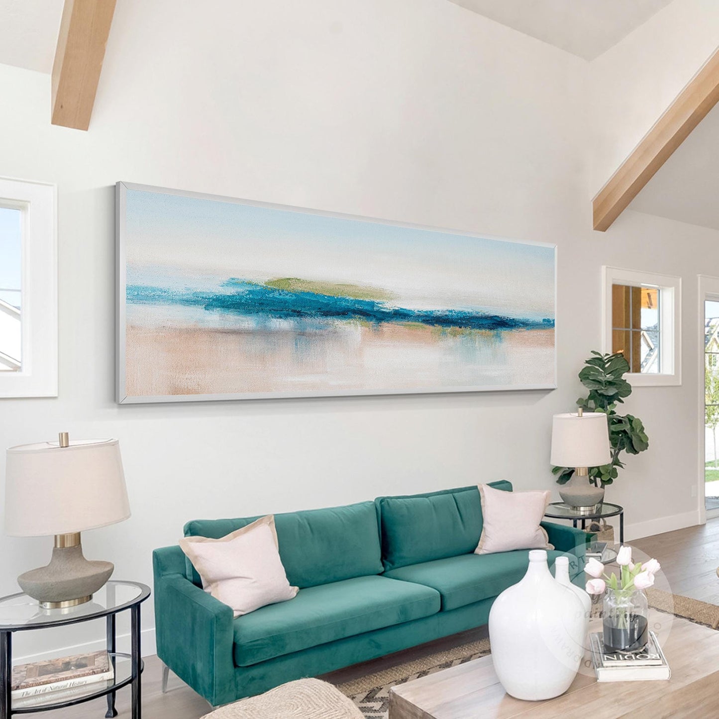Blue Teal Ocean Abstract Painting Long Narrow Horizontal Seascape Art Coastal Pa #1