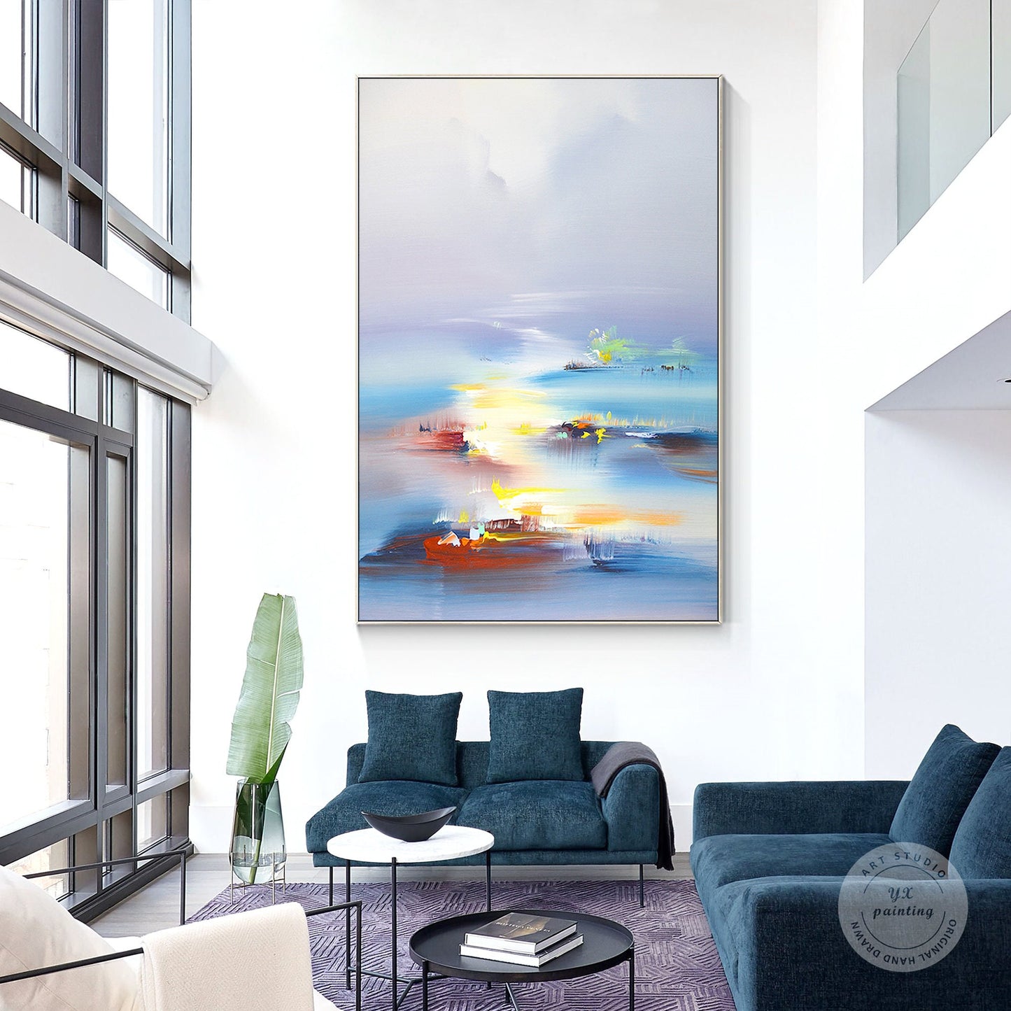 Blue Vermeil Orange Abstract Painting on Canvas, Original Landscape Painting, Ve #2