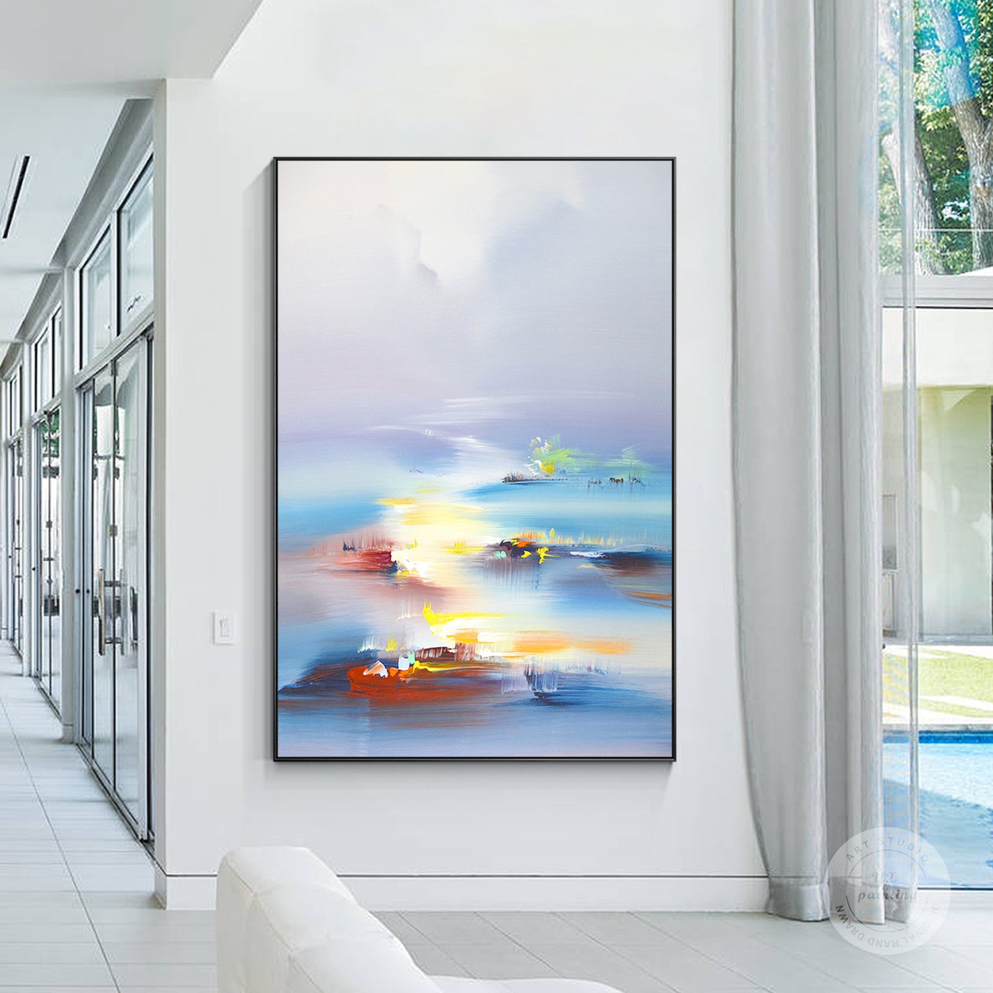Blue Vermeil Orange Abstract Painting on Canvas, Original Landscape Painting, Ve #3