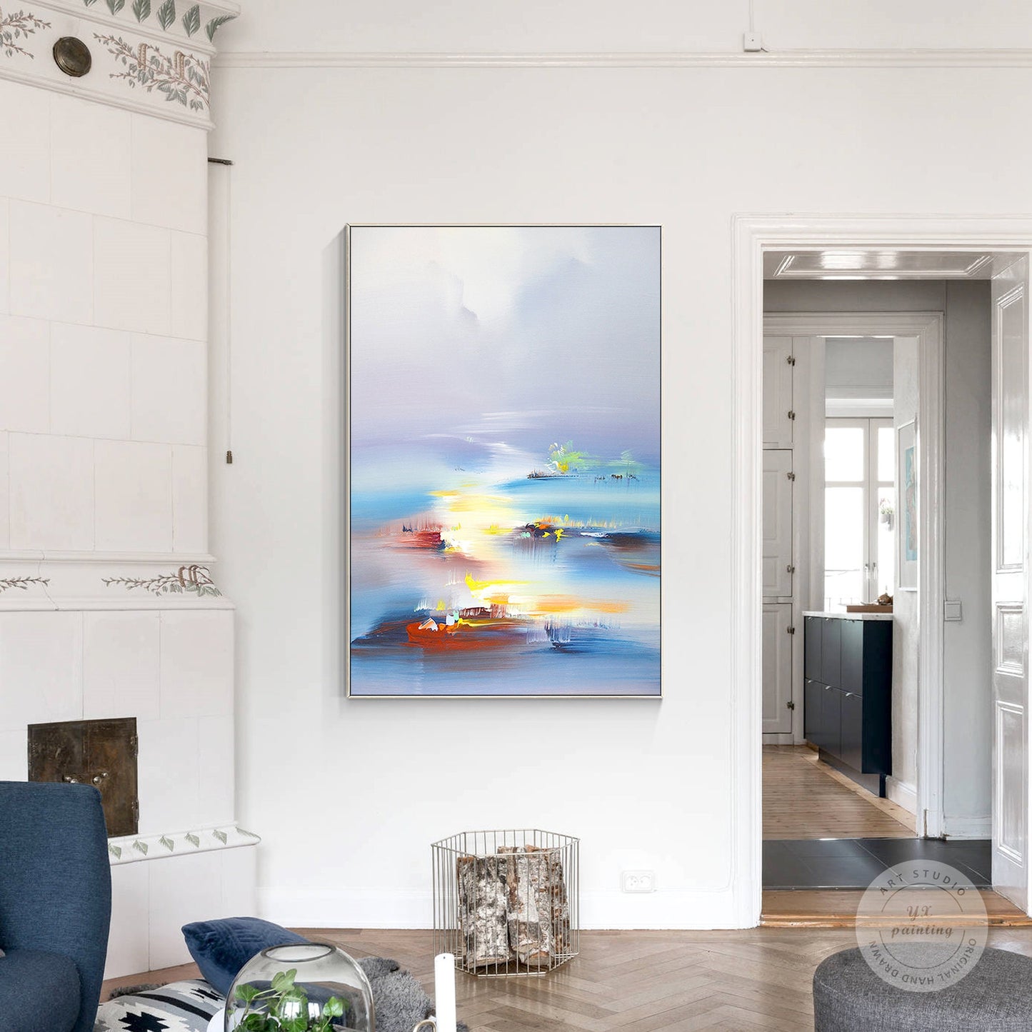 Blue Vermeil Orange Abstract Painting on Canvas, Original Landscape Painting, Ve #5
