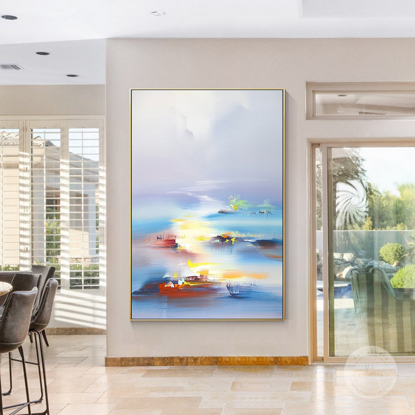 Blue Vermeil Orange Abstract Painting on Canvas, Original Landscape Painting, Ve #1