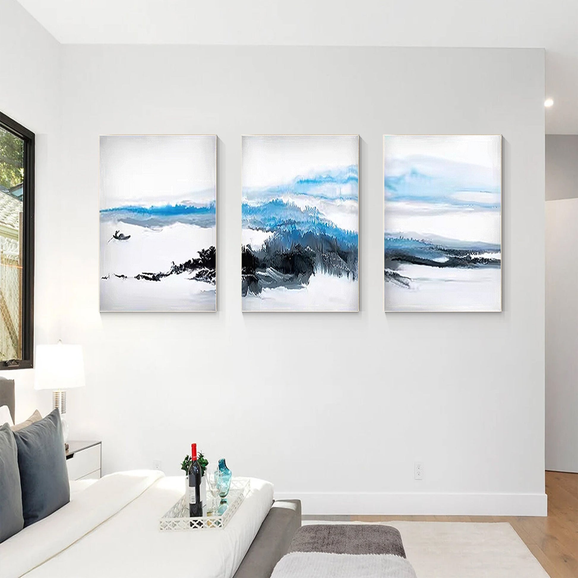 Blue Watercolor Mountain Canvas Art Set: Abstract Landscape Painting #3