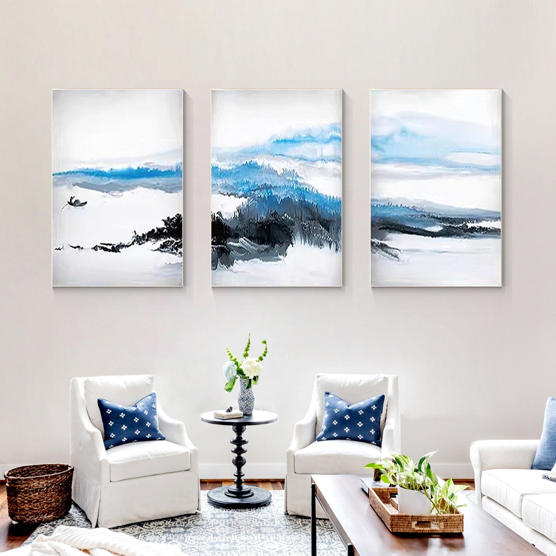 Blue Watercolor Mountain Canvas Art Set: Abstract Landscape Painting #5