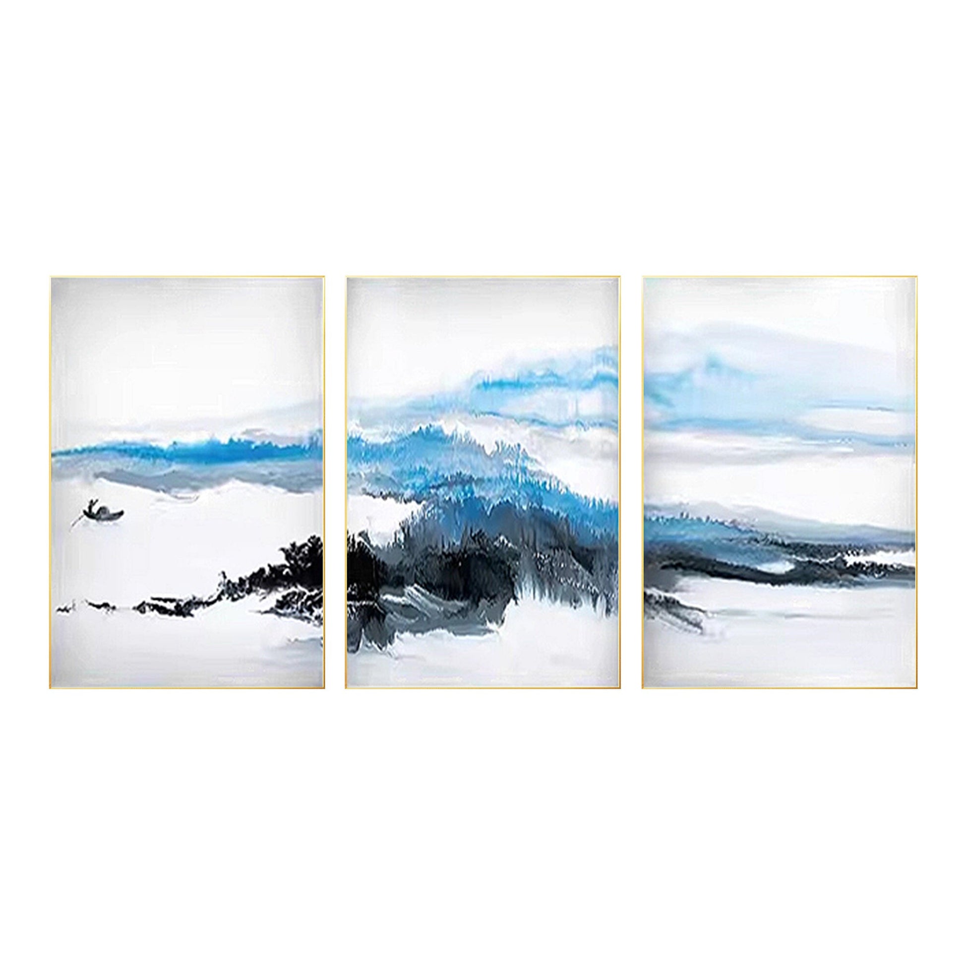 Blue Watercolor Mountain Canvas Art Set: Abstract Landscape Painting #8