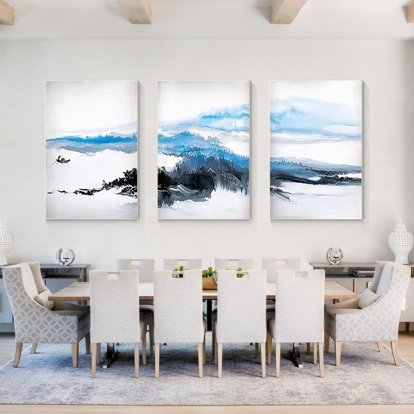Blue Watercolor Mountain Canvas Art Set: Abstract Landscape Painting #1