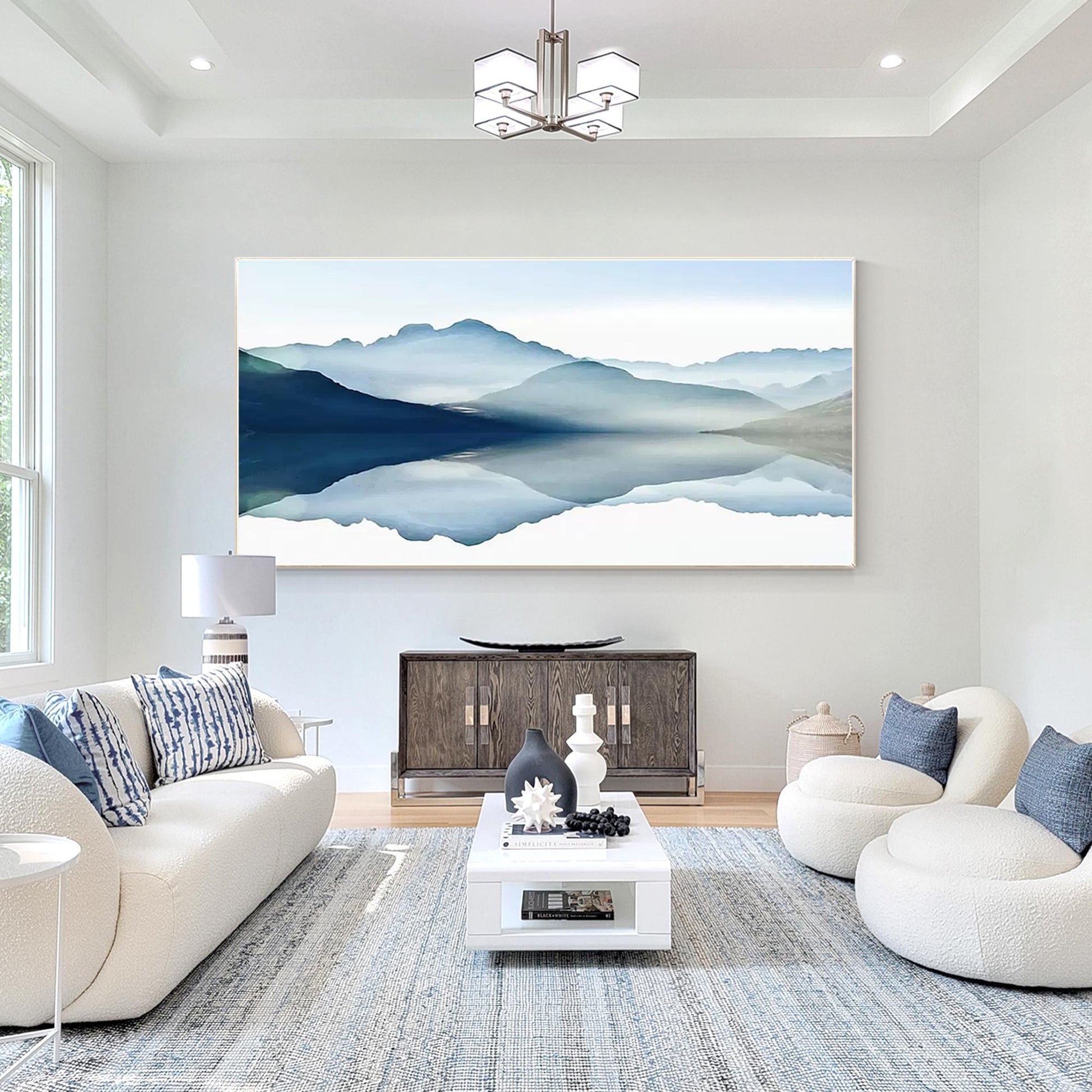 Blue Watercolor Mountain Landscape Painting: Large Horizontal Canvas Art #2