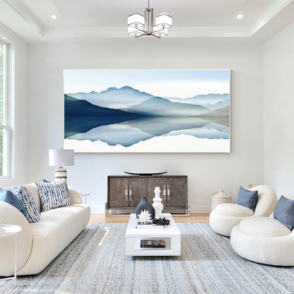 Blue Watercolor Mountain Landscape Painting: Large Horizontal Canvas Art #2