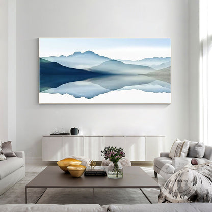 Blue Watercolor Mountain Landscape Painting: Large Horizontal Canvas Art #4