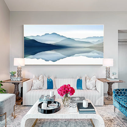 Blue Watercolor Mountain Landscape Painting: Large Horizontal Canvas Art #5