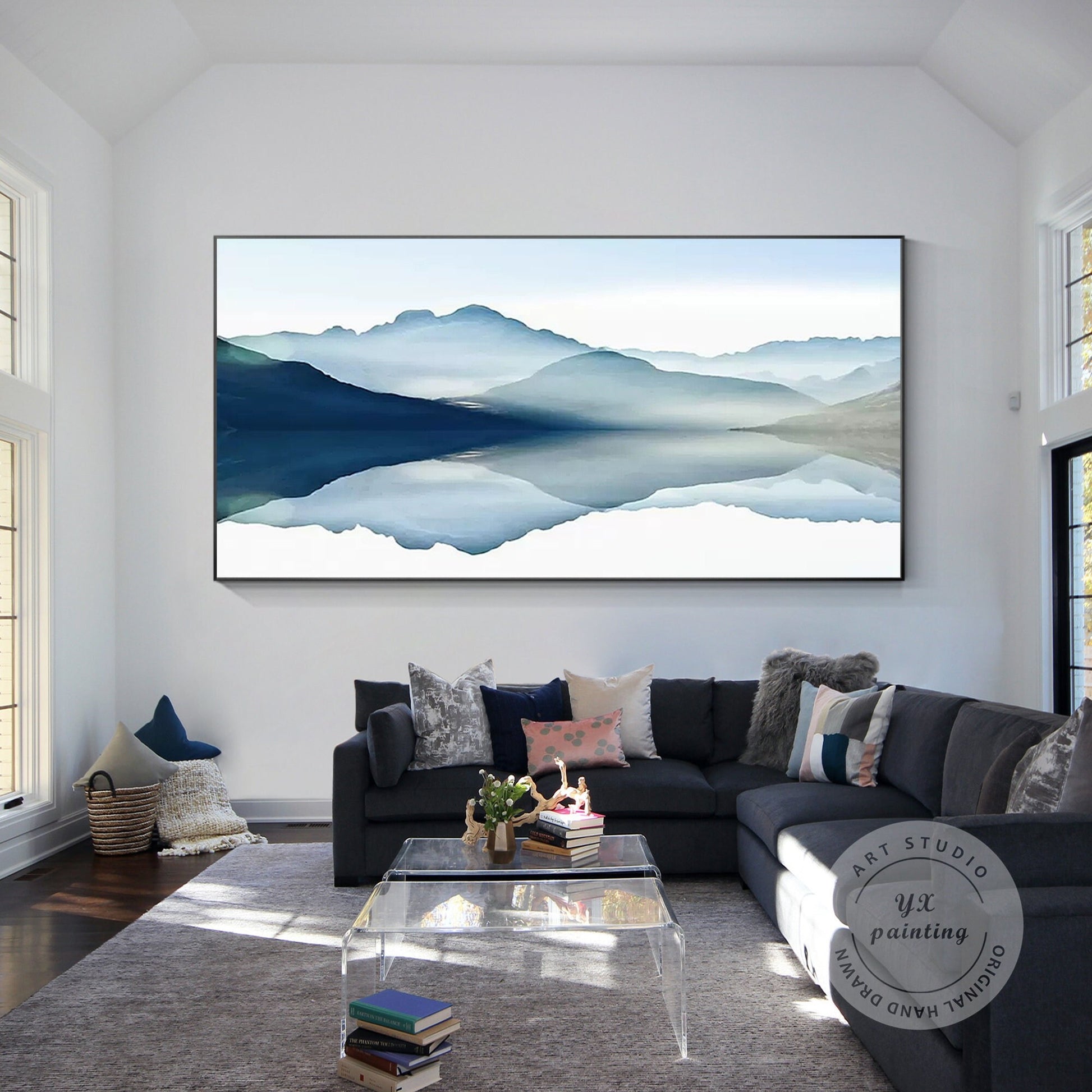 Blue Watercolor Mountain Landscape Painting: Large Horizontal Canvas Art #6