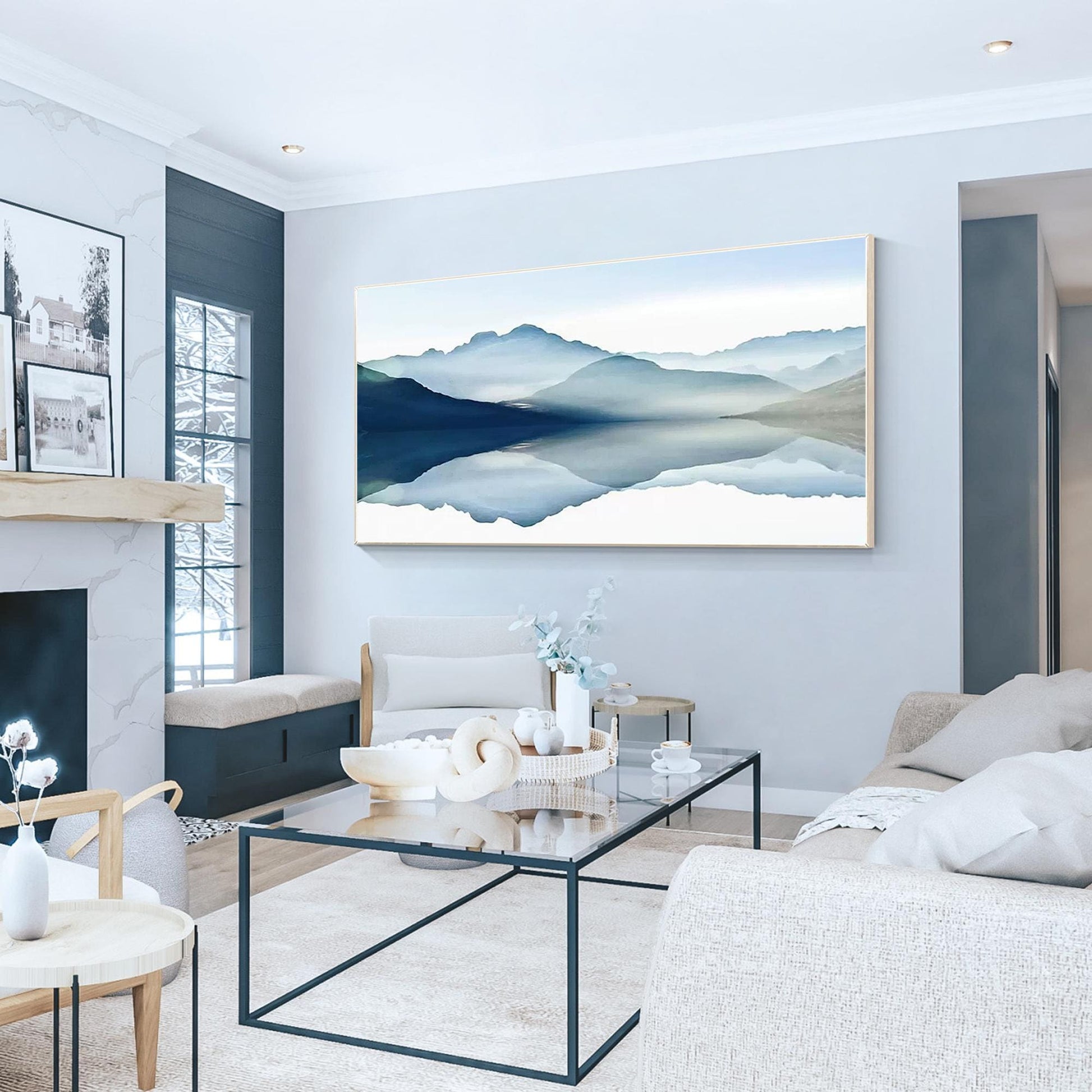Blue Watercolor Mountain Landscape Painting: Large Horizontal Canvas Art #1