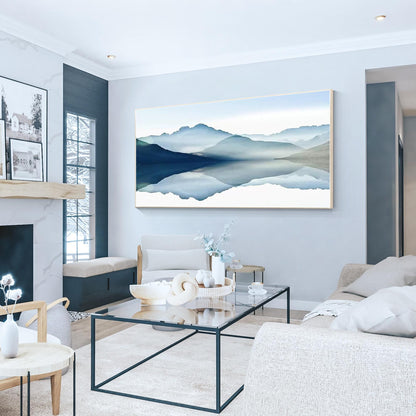 Blue Watercolor Mountain Landscape Painting: Large Horizontal Canvas Art #1
