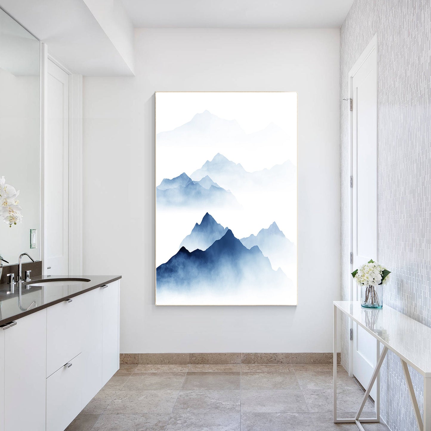 Blue Watercolor Mountain Painting: Minimalist Landscape Canvas Art #3