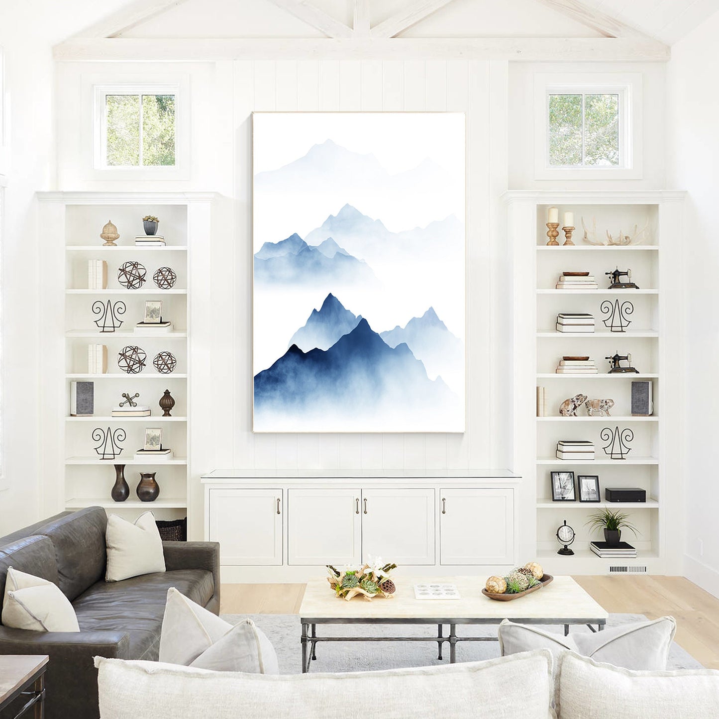 Blue Watercolor Mountain Painting: Minimalist Landscape Canvas Art #4