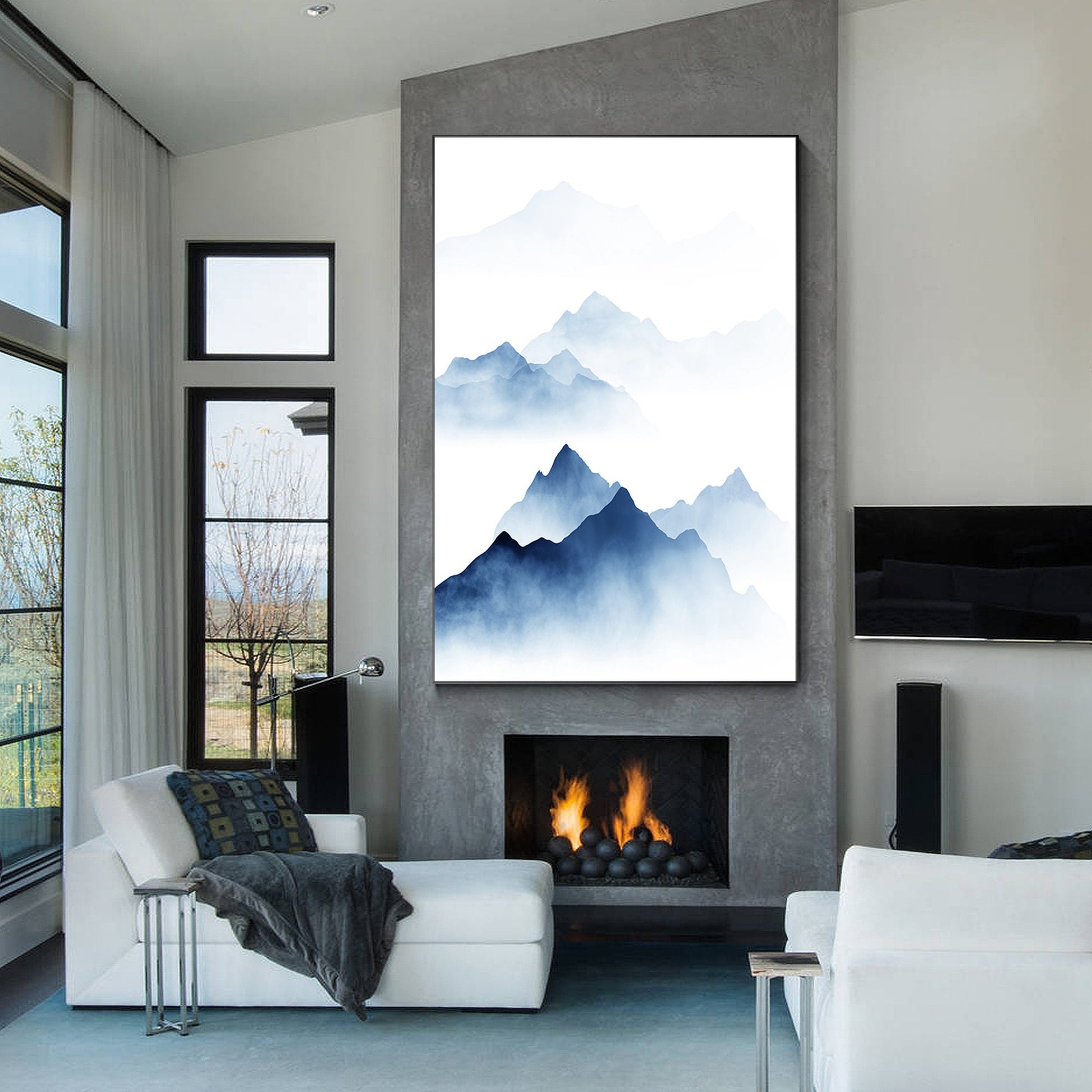 Blue Watercolor Mountain Painting: Minimalist Landscape Canvas Art #5