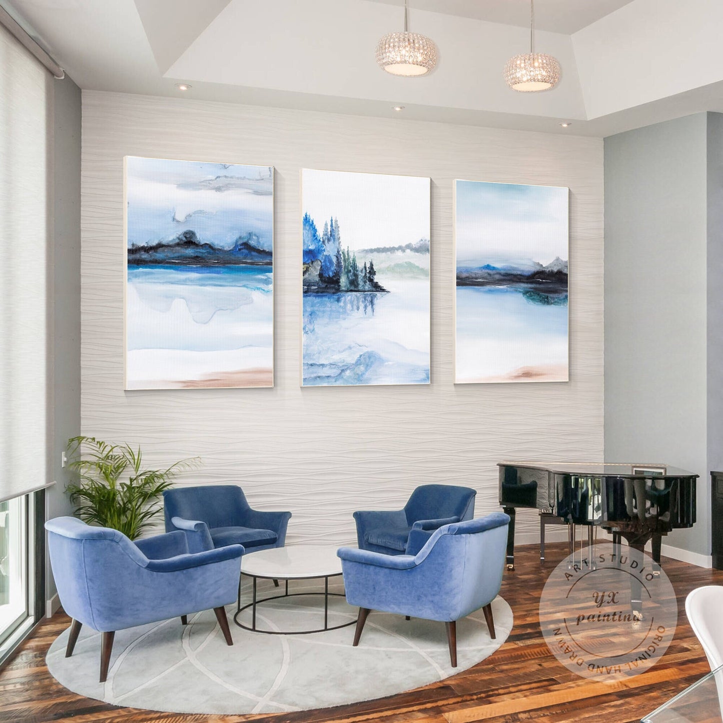 Blue Watercolor Mountain Painting Set: Original Canvas Wall Art #2