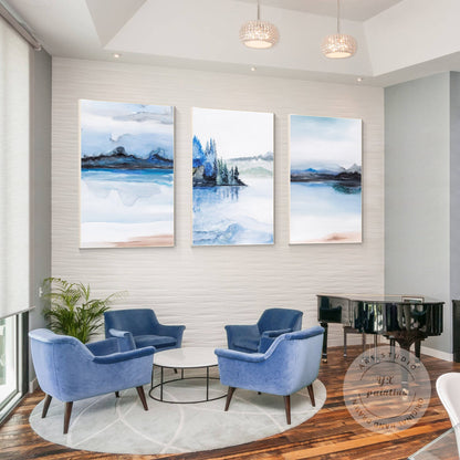 Blue Watercolor Mountain Painting Set: Original Canvas Wall Art #2