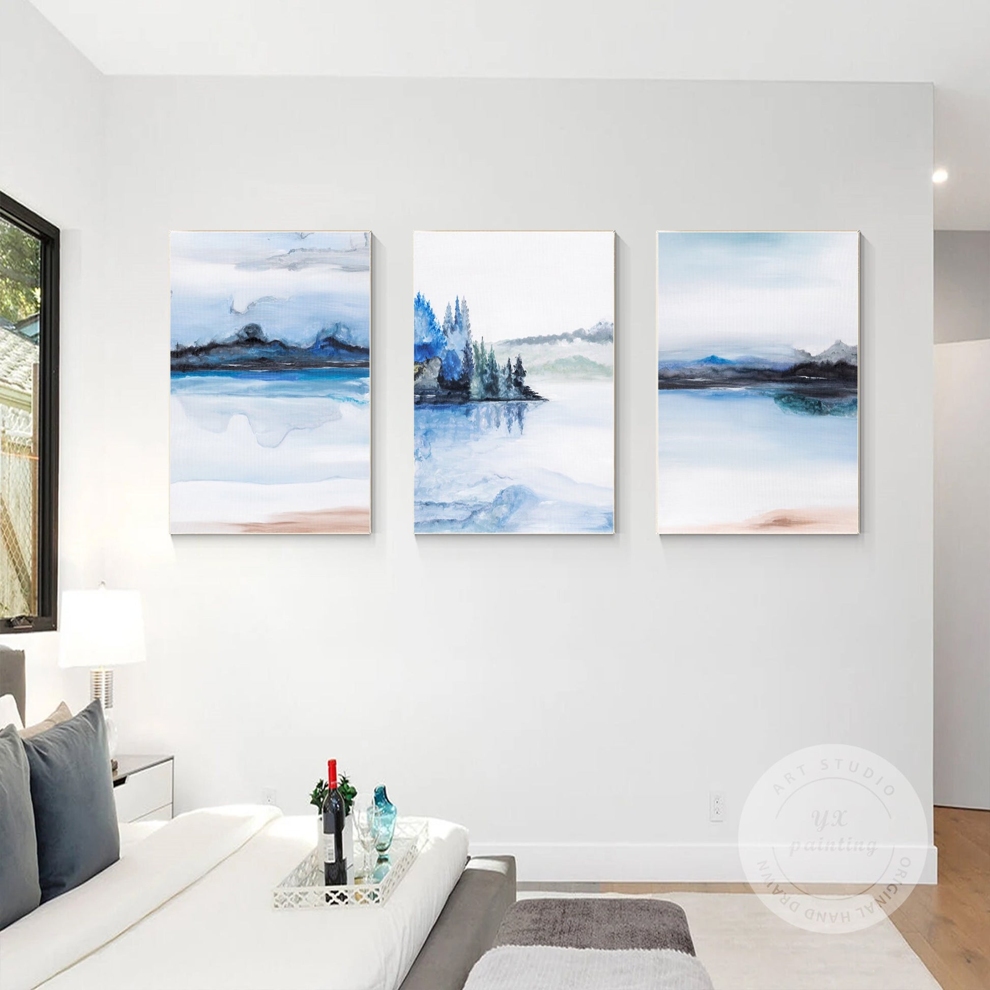 Blue Watercolor Mountain Painting Set: Original Canvas Wall Art #3