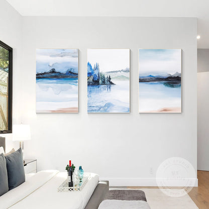 Blue Watercolor Mountain Painting Set: Original Canvas Wall Art #3