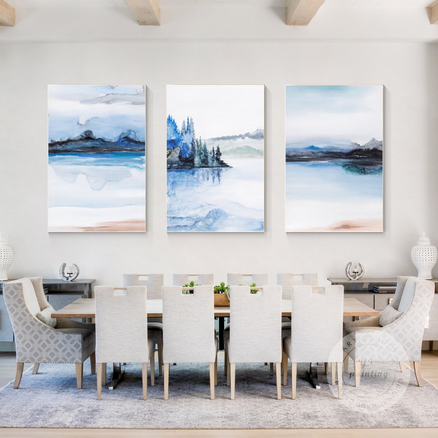 Blue Watercolor Mountain Painting Set: Original Canvas Wall Art #5