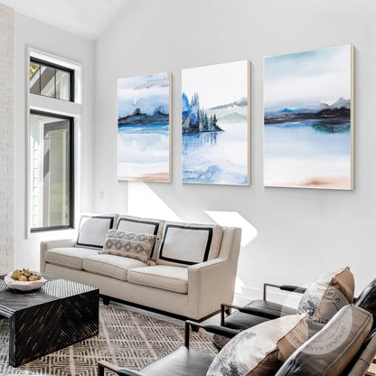 Blue Watercolor Mountain Painting Set: Original Canvas Wall Art #1