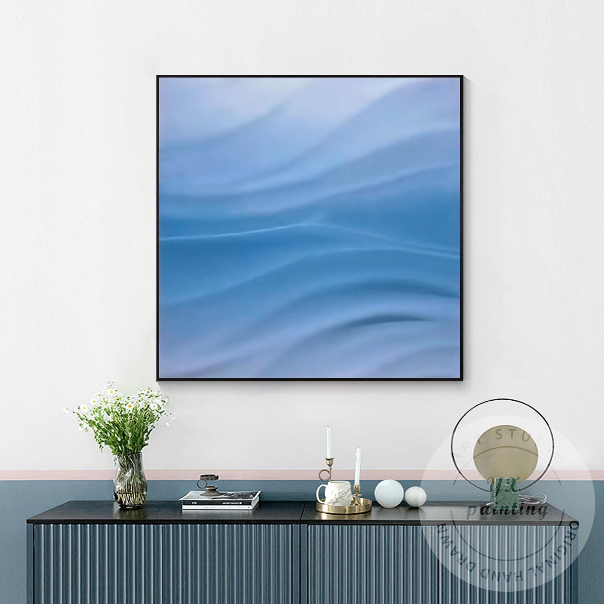 Blue Wave Textured Abstract Painting | Ocean Wall Art | Modern Minimalist 3D Can #5
