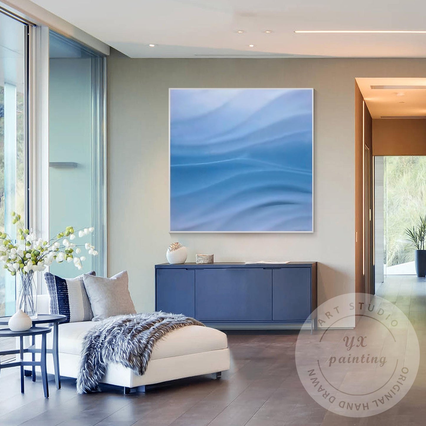 Blue Wave Textured Abstract Painting | Ocean Wall Art | Modern Minimalist 3D Can #1