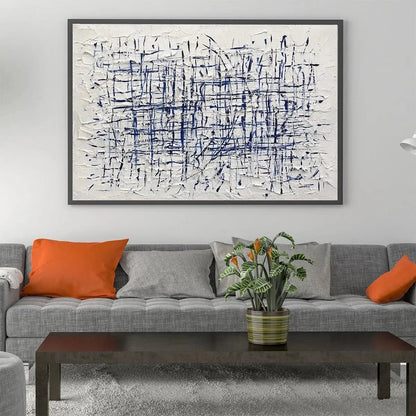 BLUE WEAVE: Textured Abstract Painting in Blue and White | abstract closeup, raised brushwork detail