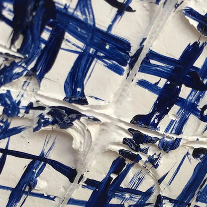 BLUE WEAVE: Textured Abstract Painting in Blue and White | rectangular format, hand-painted canvas edge