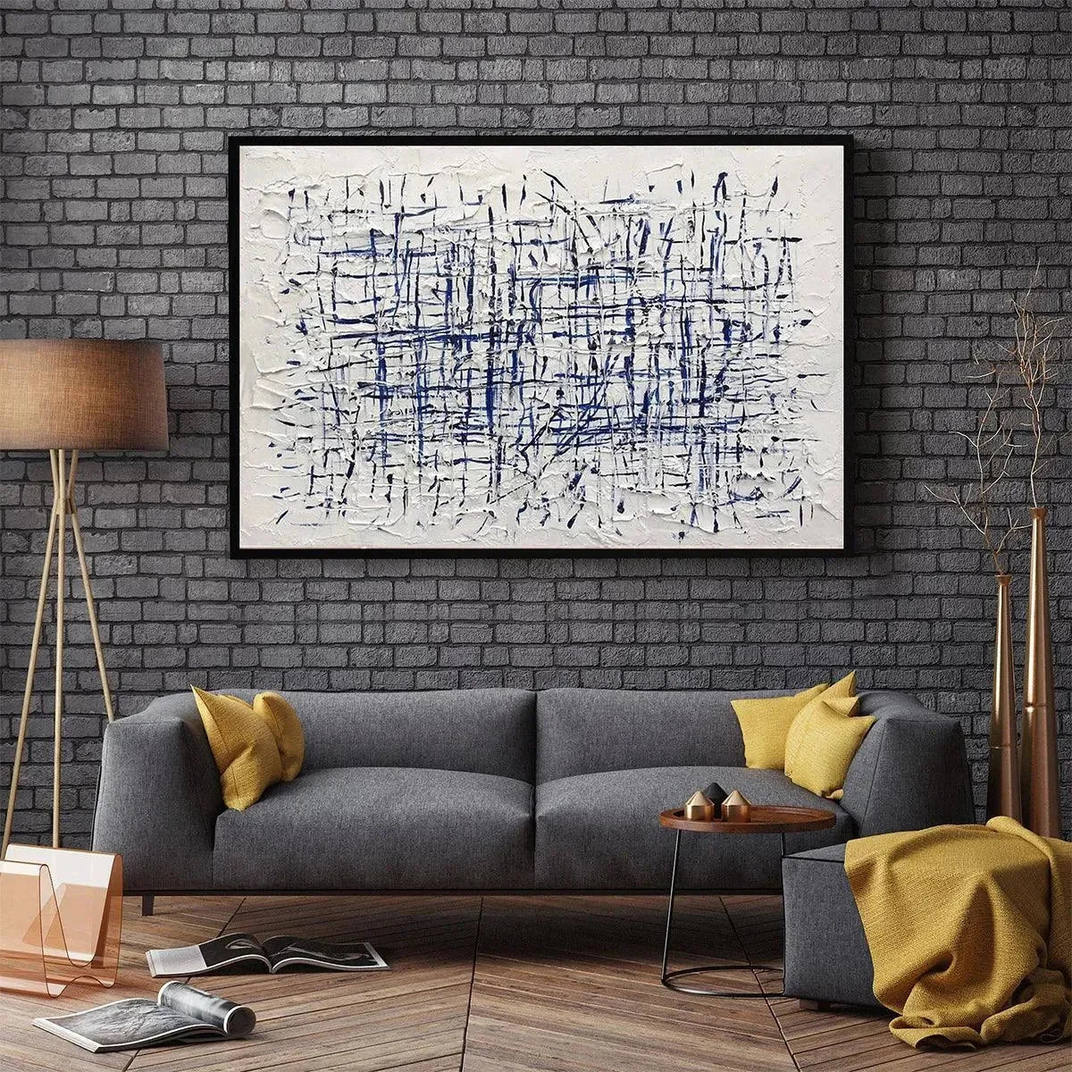 BLUE WEAVE: Textured Abstract Painting in Blue and White | gold frame stretched on neutral wall